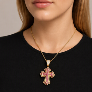 14 Ayar Altın Kaplama Pirinç Takı Bling Pembe CZ Mikro Taşlı Haç Kolye Hiphop Hristiyan Haç Kolye Kadın Erkek İçin Zincir Yok - Product Image 4