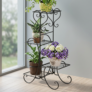 Vintage <b>Metal</b> <b>Flower</b> <b>Stand</b> 4 Tier Indoor Plant Rack Rustic Design Powder Coated Finish for Home Decor - Product Image 1