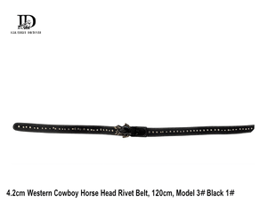 Cintura Casual in Vera Pelle Nera con Rivetti a Testa di Cavallo Stile Western Cowboy, 4.2cm x 120cm - Product Image 1
