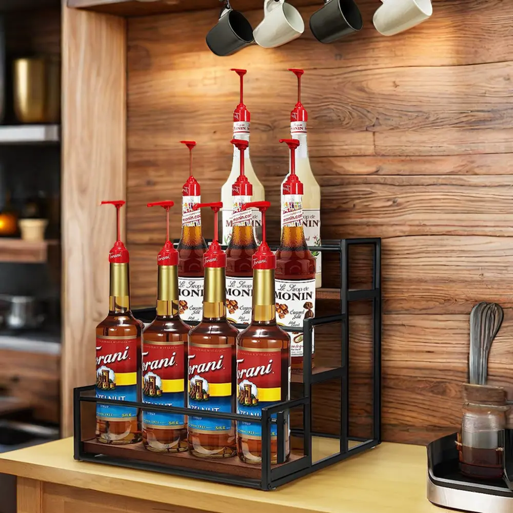 SOPEWOD 3 niveaux Ironwood Coffee Sirop Holder 12-Bottle Storage Shelf Rack pour le stockage des épices pour les bars à café