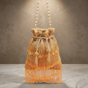 Golden suede potli bag Geometric pattern evening bag Pearl accents shoulder bag Handmade party event bag - Product Image 3