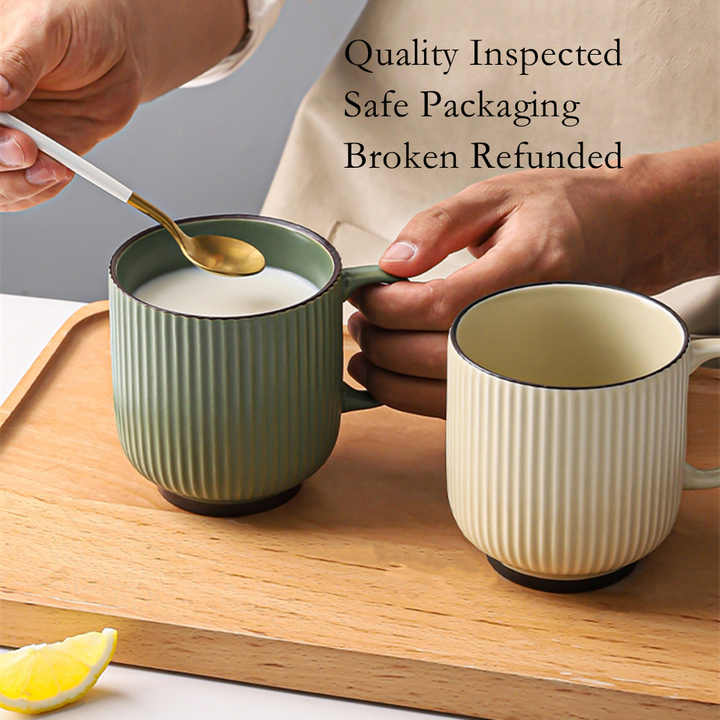Wholesale Modern Vintage 12oz Green Grey White Glazed Unique Stripe Ceramic Coffee Mug