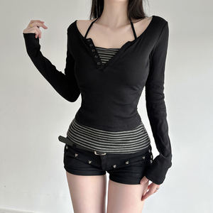 Women <b>Y2K</b> Two Piece Long Sleeve T Shirt Contrast Stripe Slim Fit Cropped Retro Streetwear Casual Chic <b>Top</b> - Product Image 3