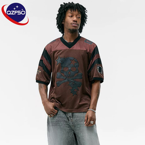 QZFSO Custom Wholesale Heavyweight Mesh Patchwork V-neck Game Shirt Oversized Grunge Sporty Tee Streetwear Men Football Jersey - Product Image 1
