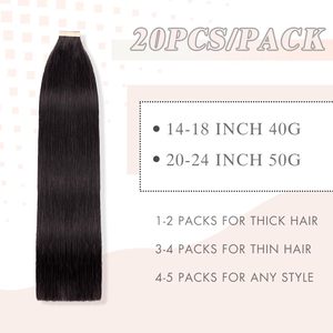 Extensions de cheveux naturels vietnamiens <span class=keywords><strong>à</strong></span> bandes adhésives invisibles, noir naturel, 20 pouces, 20 pièces, Remy lisses 1B # - Product Image 2