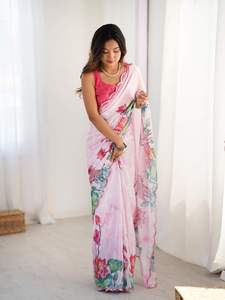 Sari en soie Georgette avec blouse non cousue, imprimé de fleurs, magnifique sari coloré avec travail de miroir pour femmes - Product Image 5