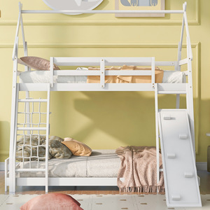 White Wooden House <b>Bunk</b> <b>Bed</b> With <b>Slide</b> And Ladder For Kids Bedroom Furniture - Product Image 5