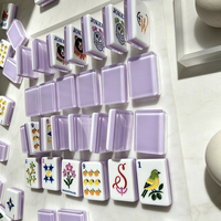Set Mahjong Amerika Ubin Mahjong Akrilik Ungu Lavender Pola Bunga Buah Kustom Set Permainan Mahjong untuk Hiburan Pesta