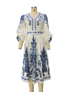 2024 alta qualità abito Vintage sottile Midi per le donne con scollo a V manica lunga stile impero stampato abiti bohémien - Product Image 1