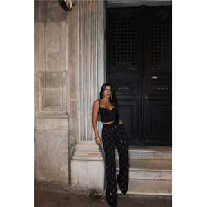 Pantalon taille haute en tissu de coton noir avec détails en pierre - Product Image 4