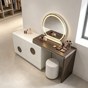 Tocador de maquillaje moderno blanco con espejo LED redondo, gabinete de almacenamiento y taburete para dormitorio. - Product Image 6