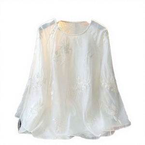 Chemisier décontracté pour femme, nouveau col chinois brodé en mousseline, écologique, respirant, printemps-été, motif uni, style national - Product Image 3