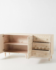 Buffet rustique de luxe à 2 portes et 3 tiroirs en bois massif de style antique sculpté bohème vintage pour salle à manger salon - Product Image 2