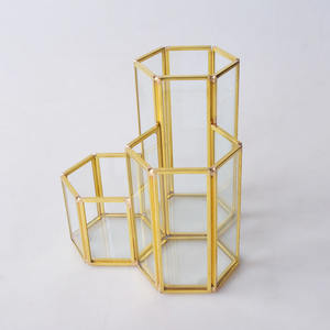 3-مقصورة فرشاة للمكياج حامل خمر نمط النحاس والزجاج منظم - Product Image 4