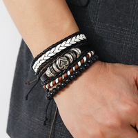 4PCS Poker Ace of Spades Bracelet en cuir tressé en bois PU pour hommes Vintage Wood Beads Fashion Male Brassard
