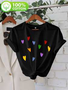 T-shirt da donna taglie forti con stampa a cuori colorati, manica corta, girocollo, vestibilità comoda, top casual estivo traspirante 100% cotone - Product Image 3