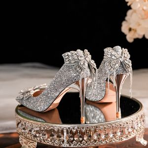 Escarpins de mariée à bout pointu, talon aiguille, décorés de strass, chaussures de mariage super hautes 8 cm, doublure en satin - Product Image 4