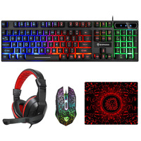 Dört Parçalı Set Bilgisayar LED Işıklı 104 Tuşlu Klavye ve Mouse Seti, Kulaklık, Mouse Pad, USB Kablolu Oyun Klavyesi, Su Geçirmez, Stokta