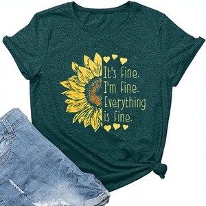 T-shirt da donna in cotone con colletto alla coreana, a maniche corte, con stampa girasole e bandiera USA, casual, simpatica e divertente - 'I'm Fine Everything Is Fine' - Product Image 1