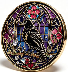 Moneda Redonda de Cobre con Diseño de Cuervo Negro, Arte Gótico, Moneda Coleccionable Esmaltada con Diseño Floral Morado y Llave - Product Image 3