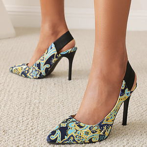 Sandales grande taille 48 pour femme, à talons hauts et fins, avec bride arrière, imprimé floral, escarpins slingback, coupe large, chaussures multicolores - Product Image 1
