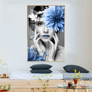 Belle <span class=keywords><strong>femme</strong></span> avec une décoration murale de fleurs bleues et blanches, toile conçue sur toile, <span class=keywords><strong>peinture</strong></span> d'affiche pour <span class=keywords><strong>la</strong></span> décoration de <span class=keywords><strong>la</strong></span> pièce et de <span class=keywords><strong>la</strong></span> maison - Product Image 4