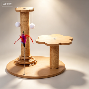 Maison à gratter pour chat de luxe moderne, double poteau en forme de fleur, construction en bois massif et balles interactives - Product Image 6