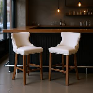 Tabourets de bar contemporains de style décontracté, revêtement en velours beige, dossier à oreilles, pieds en bois, design moderne, mobilier de bar pour la maison - Product Image 2