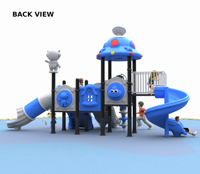 Équipement de jeu pour enfants sur le thème de l'espace, design élégant, avec antenne OVNI, robot agitant les bras, toboggan spirale bleu, toboggan blanc et toboggans combinés à tube long