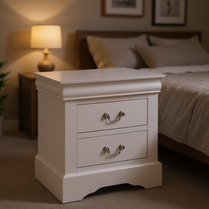 Table de chevet blanche à 2 tiroirs en bois, meuble de chambre traditionnel, meuble de rangement pour la maison - Product Image 2