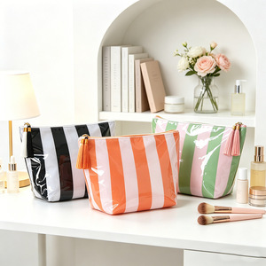 Waterproof PVC Cosmetic Bag Striped Large Capacity Zipper Closure <b>Makeup</b> Travel <b>Case</b> for Everyday Use - Product Image 1