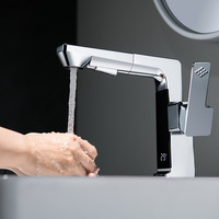 Robinet de lavabo thermostatique moderne en alliage de zinc, monotrou, à poser sur le comptoir, avec affichage LED, design intelligent extractible, chromé, mitigeur de lavabo en céramique