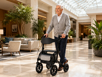 Déambulateur à poignée TPR avec siège, pneus gonflables de 12 pouces, robuste, capacité de 136 kg, pliable, 4 roues, CE UKCA ISO