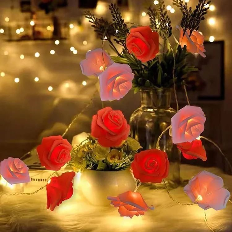 سلسلة أضواء عيد الحب المقلد المزودة بطبعة من الورد تعمل بالطاقة لتزيين حفلات الزفاف الرومانسية وغرف النوم