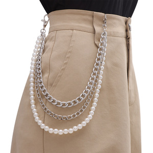 Cadena de cintura de perlas de doble capa de metal, cadena de perlas de imitación plateadas y blancas, cadena corporal informal de moda, accesorio retro moderno de estilo hip hop - Product Image 6