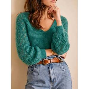Pull en maille ajourée à col en V vert cyan pour femmes - Product Image 4