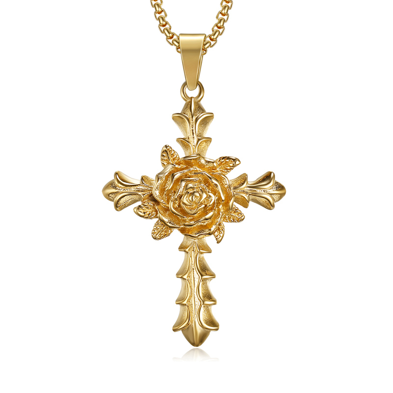 Accessoires en gros de conception unique de style croisé rose pendentif en acier inoxydable or femmes collier