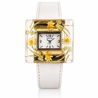 Montre en résine avec fleurs séchées naturelles Soleviah, montre à quartz carrée avec marguerite, bracelet en cuir blanc, montres florales faites à la main pour femmes