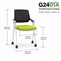 Chaise de formation ergonomique empilable avec dossier en maille, chaise de conférence de bureau avec coussin profilé, accoudoirs pliables et roulettes pivotantes à 360 degrés