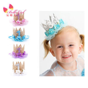 BELLEWORLD bambini imitazione fiore diadema principessa corone per bambina un anno pizzo maglia corone di compleanno per bambini aula - Product Image 1