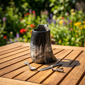 Corne à boire viking écologique, polie, forme naturelle, tasse de voyage pour bière, camping, avec poignée, FAIZA CRAFT, impression de logo personnalisé, 500 ml - Product Image 1