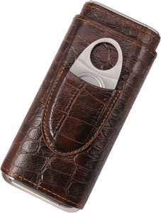 3-Finger <strong>Classy</strong> Black Brown Crocodile Pattern Leather Cigar Case With Small Humidifier and <strong>Cutter</strong> - Product Image 2