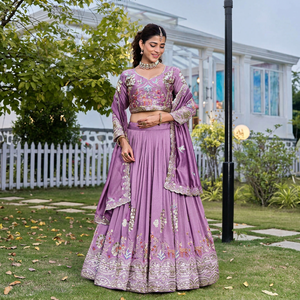 Purple Embroidered Lehenga Choli Pure Silk Fabric Indian Wedding Outfit Pakistani Party <b>Dress</b> for Women - Product Image 1