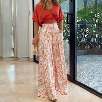 Setelan pakaian wanita dua potong, setelan baju Crop berkancing setengah lengan + celana kaki lebar motif, Set pakaian musim semi dan panas