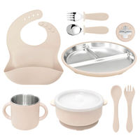 Ensemble d'alimentation pour bébé en acier inoxydable et silicone sans BPA, qualité platine, avec ventouse, comprenant bol, fourchettes et bavoirs, vente en gros