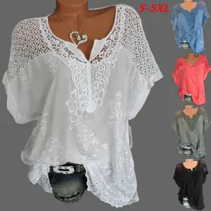 2023 Summer Short Sleeve Womens Blouses And Tops Loose White Lace Patchwork Shirt Plus Size 4xl 5xl Women Tops Casual Clothes