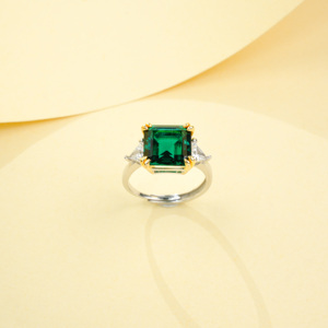 925 Sterling <b>Silver</b> Lab Grown <b>Emerald</b> <b>Ring</b> Two Tone Gold Plated Adjustable Women Engagement Jewelry K - Product Image 3