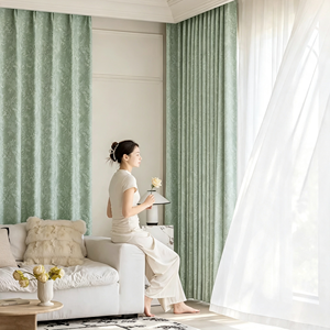 Tende Oscuranti Jacquard con Motivo Floreale Stile Downton Abbey, Verde Salvia, Drappeggi Plissettati alla Francese per Soggiorno, Vendita all'Ingrosso al Metro - Product Image 1