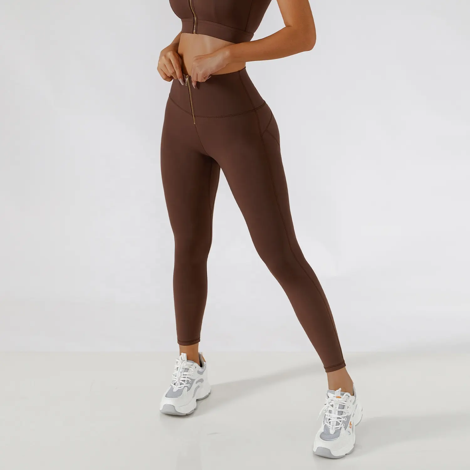 MOQ 1 High Waist Front Zip Yoga Pants Elastic Peach Butt Lift Gym Leggings For Women