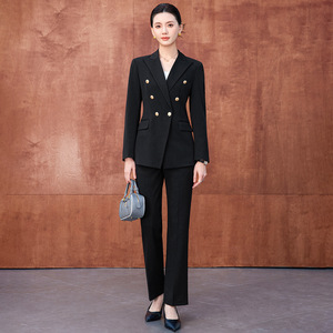 Women's Double Breasted Suit Set Navy Blue Three Quarter Sleeve Formal Workwear Anti-Wrinkle Wool Blend Commuting Style - Product Image 3